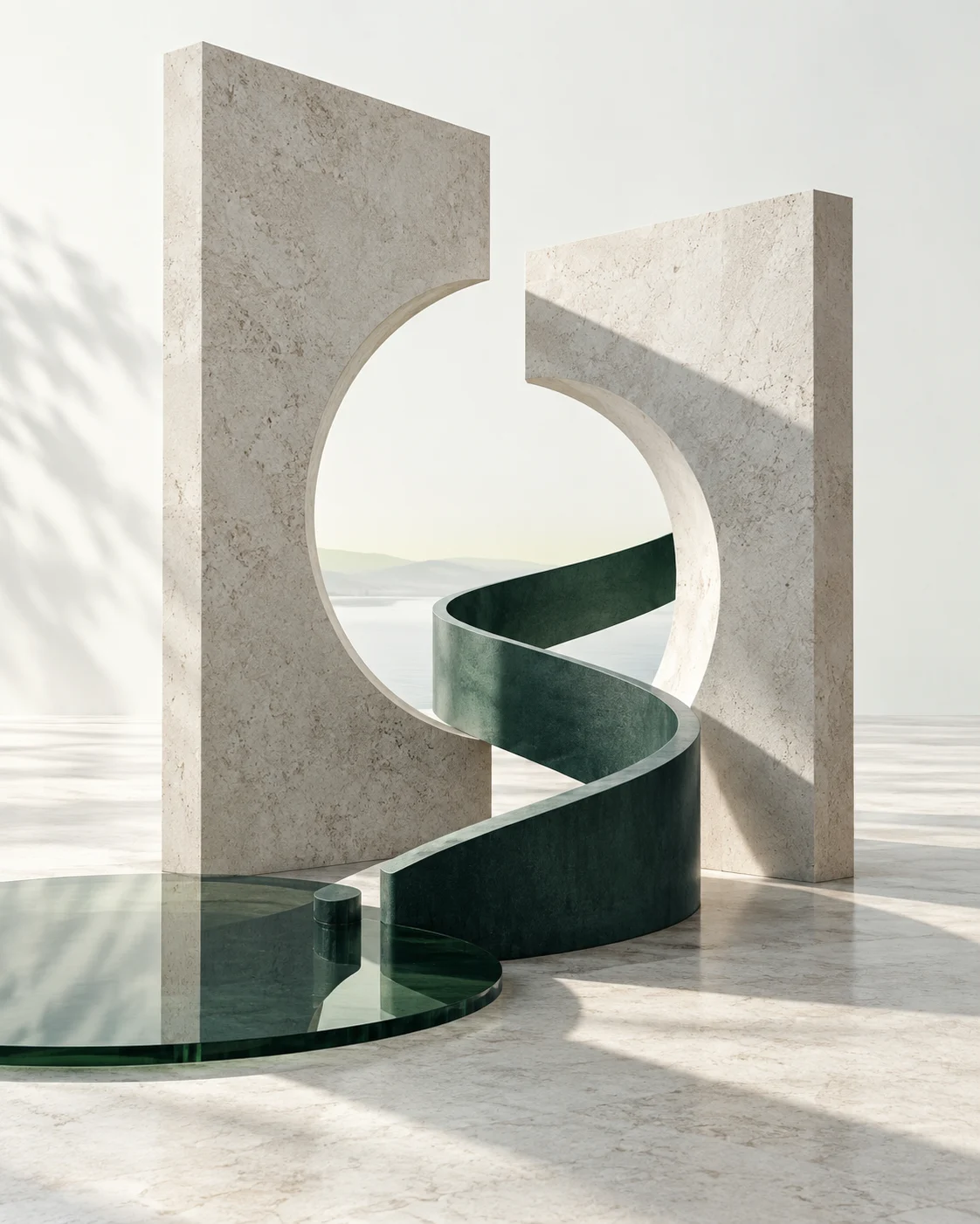 Conceptual sculpture: an open circular passage between stone planes, with a green path through it.